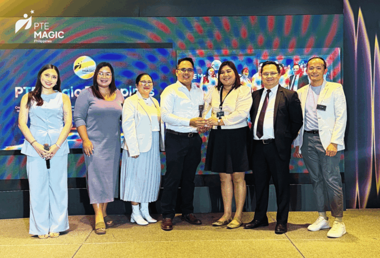 PTE Magic Philippines team receiving the Trailblazer Award on stage at the Pearson PTE Asia Summit